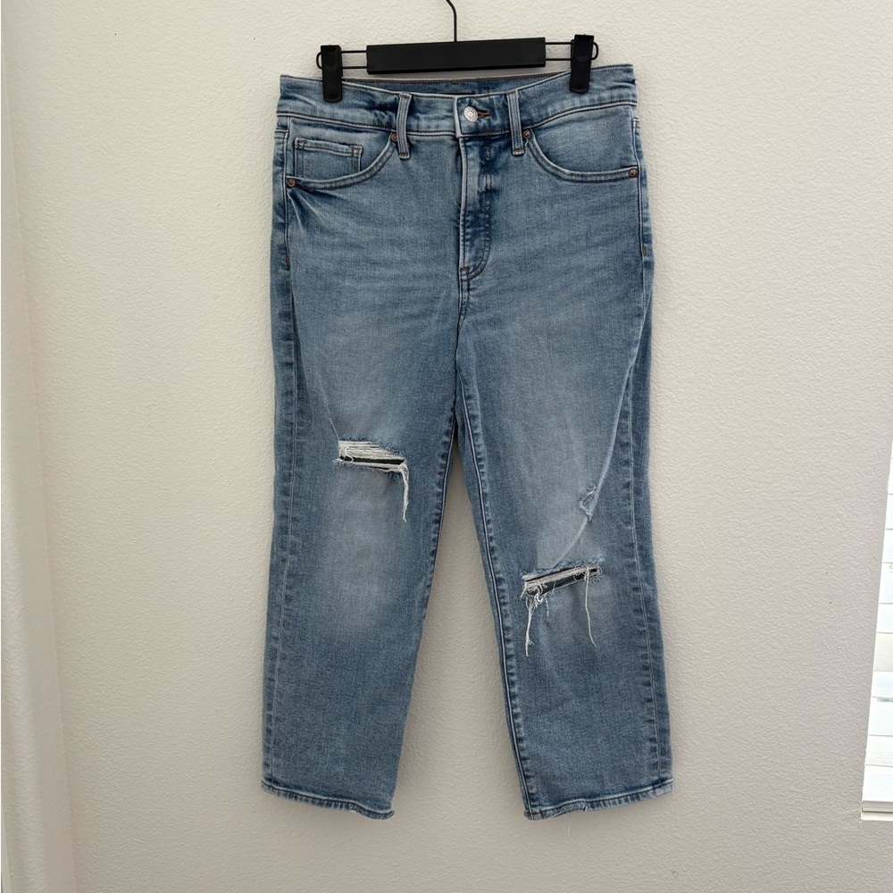 Express Light Blue Straight Ankle High Rise Jeans with Knee Rips Size 4S